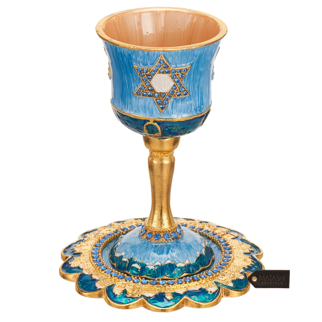 Matashi Hand-Painted Enamel Tall Kiddush Cup Set w Stem and Tray w Crystals and Star of David Design Passover Goblet Image 1