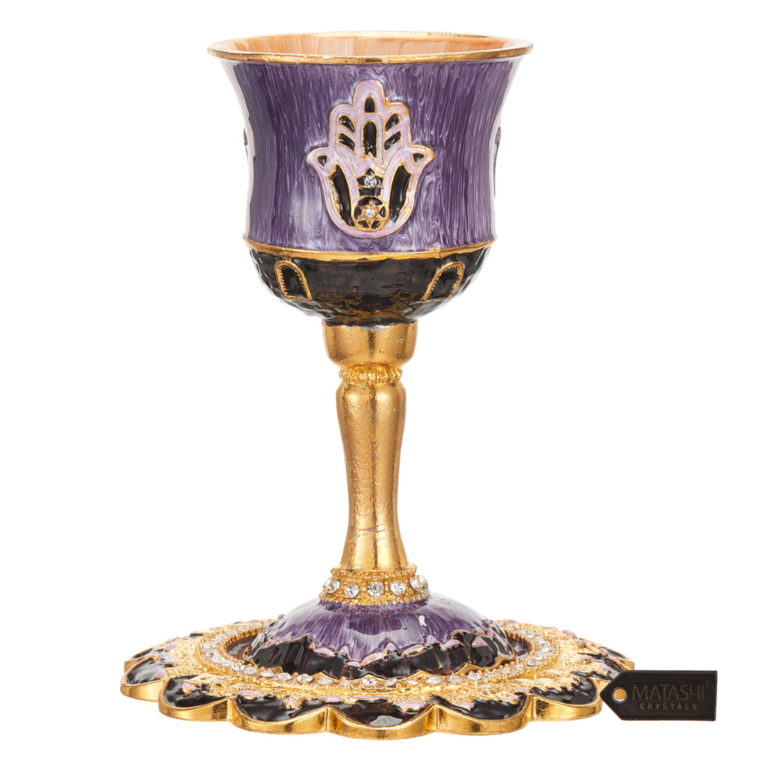 Matashi Hand-Painted Enamel Tall Kiddush Cup Set w Stem & Tray w Crystals & Hamsa Design Passover Goblet, Judaica Gift Image 1