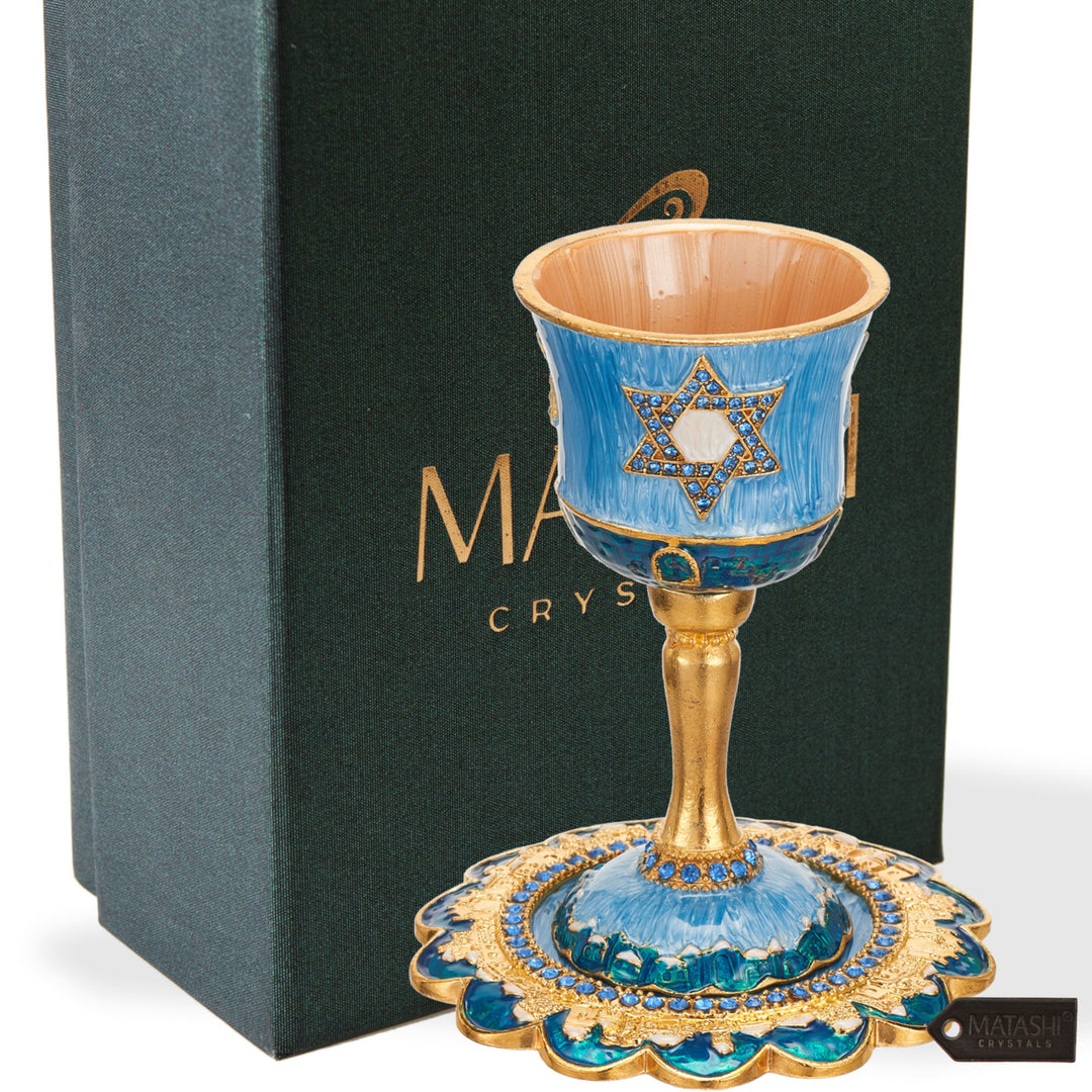 Matashi Hand-Painted Enamel Tall Kiddush Cup Set w Stem and Tray w Crystals and Star of David Design Passover Goblet Image 2