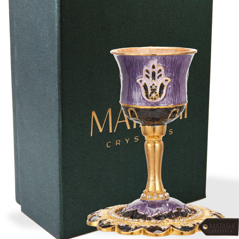 Matashi Hand-Painted Enamel Tall Kiddush Cup Set w Stem & Tray w Crystals & Hamsa Design Passover Goblet, Judaica Gift Image 2