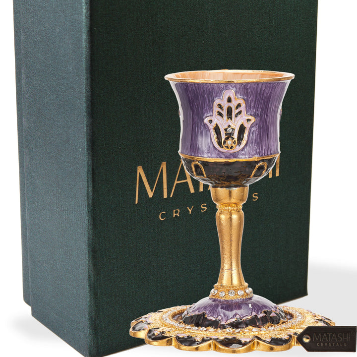 Matashi Hand-Painted Enamel Tall Kiddush Cup Set w Stem and Tray w Crystals and Hamsa Design Passover Goblet Judaica Image 2