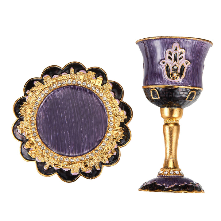 Matashi Hand-Painted Enamel Tall Kiddush Cup Set w Stem & Tray w Crystals & Hamsa Design Passover Goblet, Judaica Gift Image 3