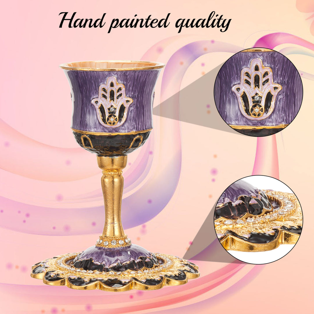 Matashi Hand-Painted Enamel Tall Kiddush Cup Set w Stem and Tray w Crystals and Hamsa Design Passover Goblet Judaica Image 4