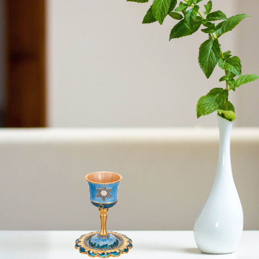 Matashi Hand-Painted Enamel Tall Kiddush Cup Set w Stem and Tray w Crystals and Star of David Design Passover Goblet Image 6