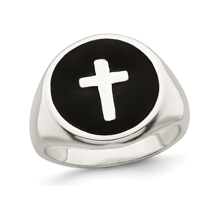 Mens Sterling Silver Enameled Cross Ring Image 1