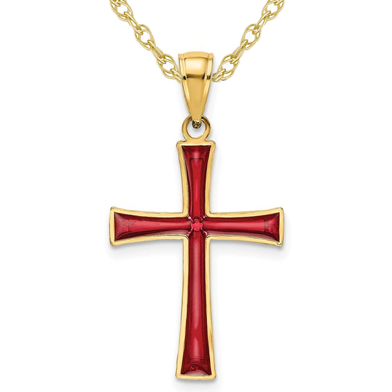 14K Yellow Gold Cross Pendant Necklace with Red Enamel and Chain Image 1