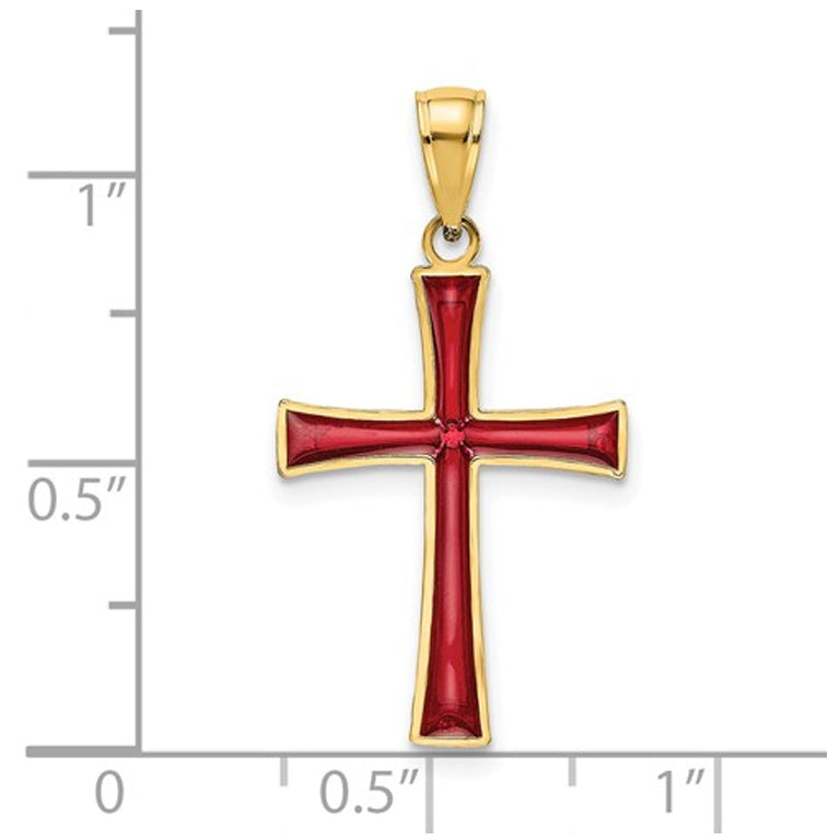 14K Yellow Gold Cross Pendant Necklace with Red Enamel and Chain Image 2