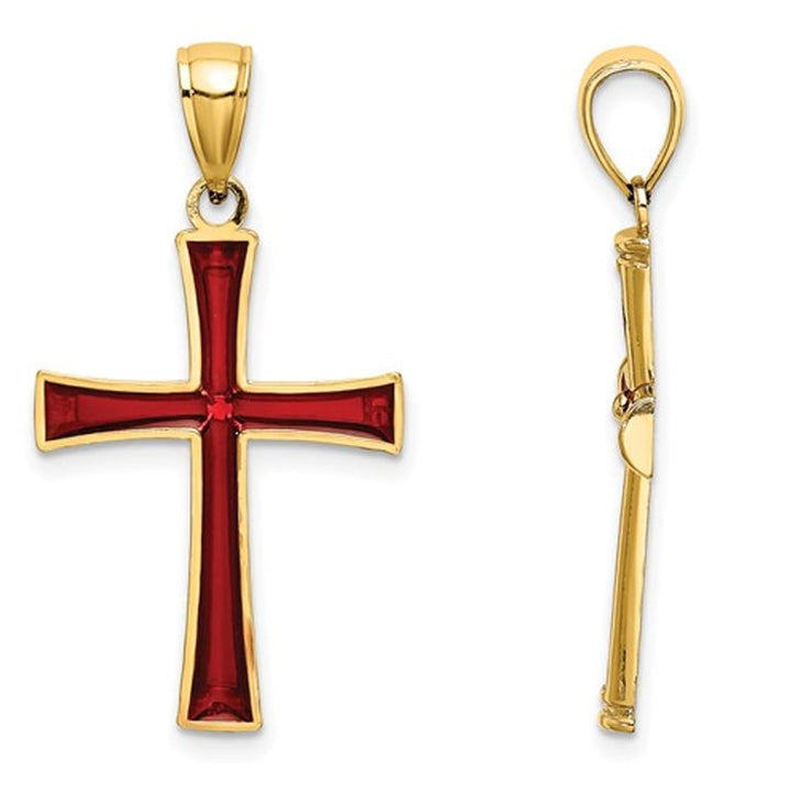 14K Yellow Gold Cross Pendant Necklace with Red Enamel and Chain Image 3