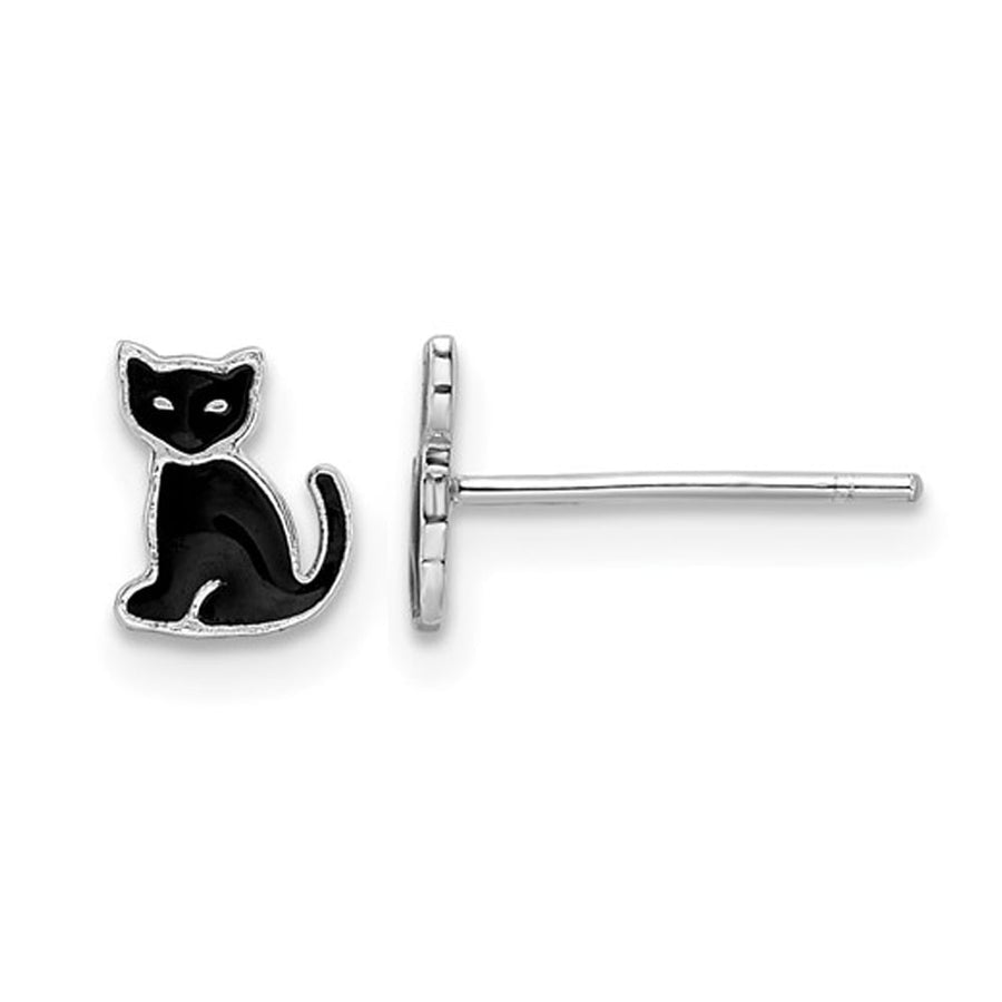 Stelring Silver Black Enameled Cat Post Charm Earrings Image 1