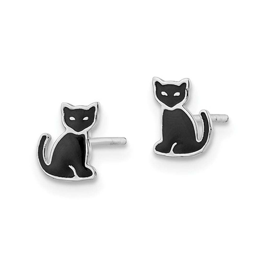 Stelring Silver Black Enameled Cat Post Charm Earrings Image 2