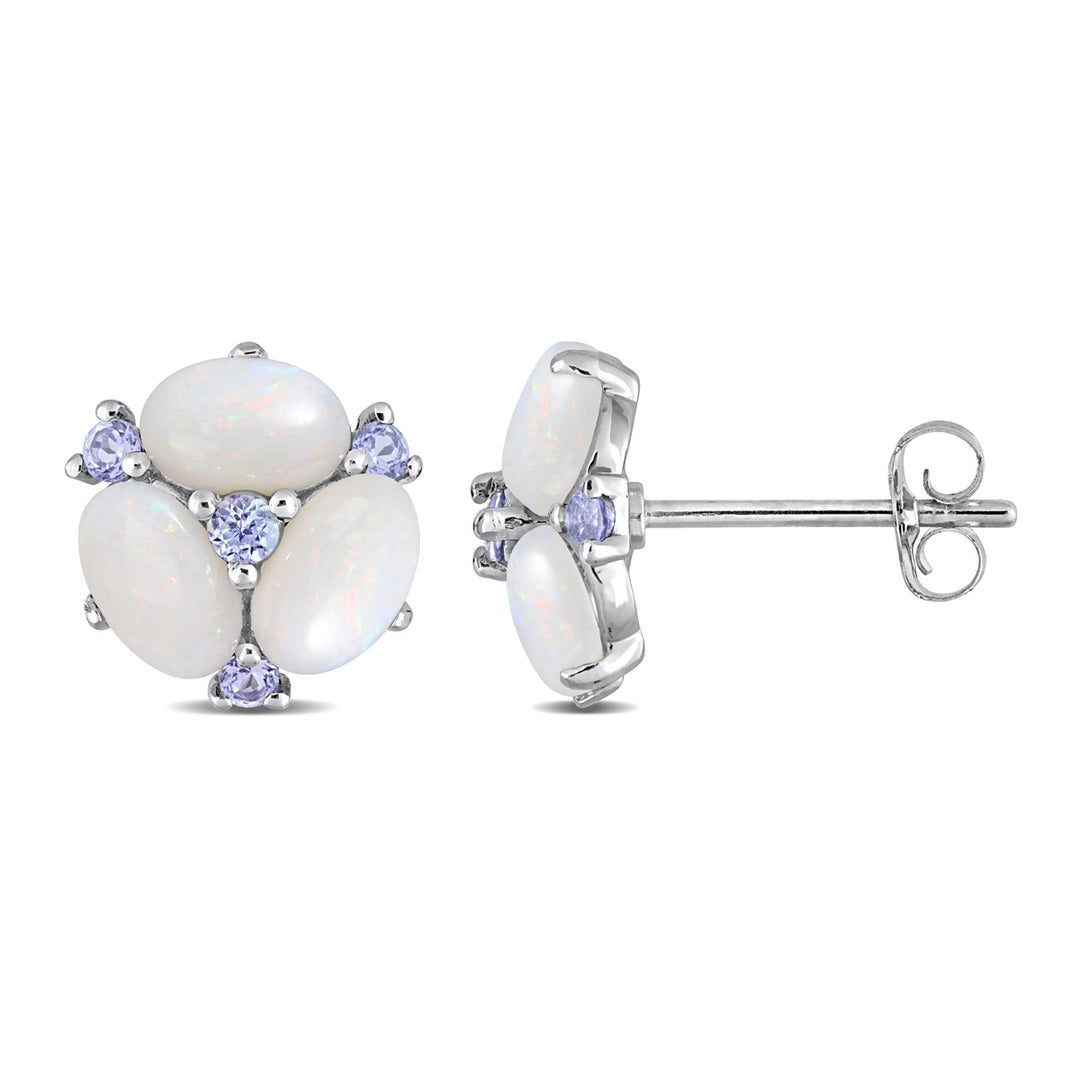 1.40 Carat (ctw) Opal Flower and Tanzanite Button Earrings in 14K White Gold Image 1