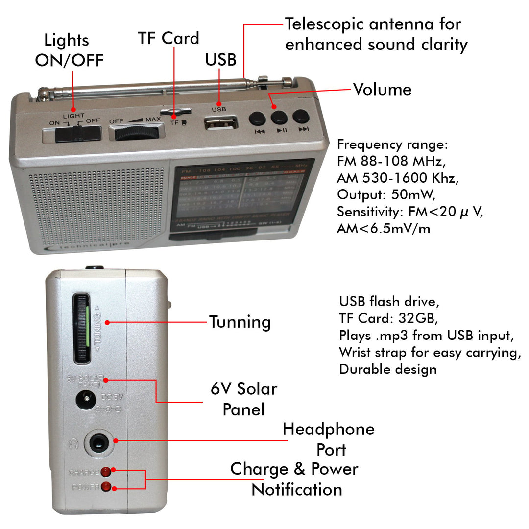 (Qty 2) Technical Pro Portable Solar Powered and Battery Operated AM/ FM/ SW Radio w/ Built-in Speaker and Flashlight Image 6