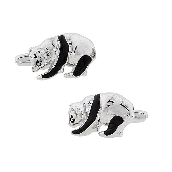 Fun Panda Bear Cufflinks Black Enamel and Silver Tone Cuff Links Image 1