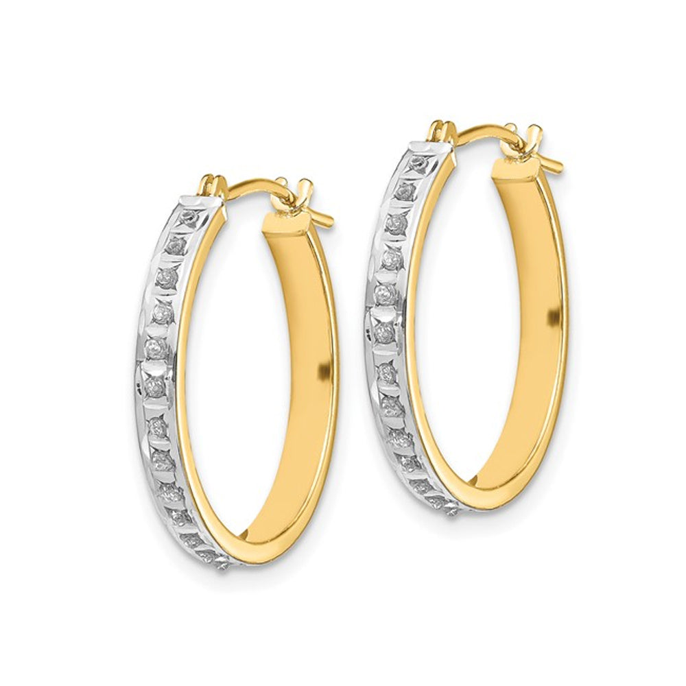 14K Yellow Gold Accent Diamond Round Hoop Earrings i(3/4 Inch) Image 3