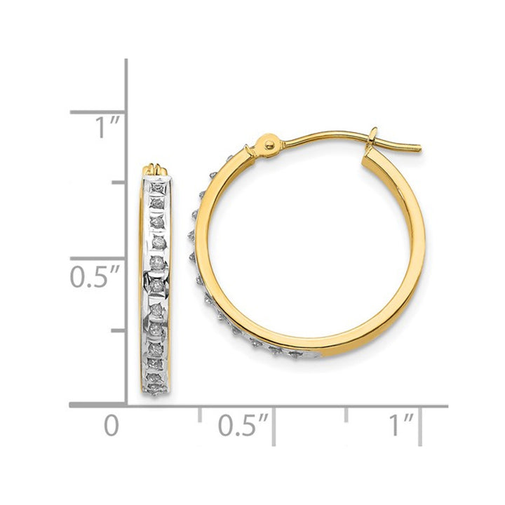 14K Yellow Gold Accent Diamond Round Hoop Earrings i(3/4 Inch) Image 4