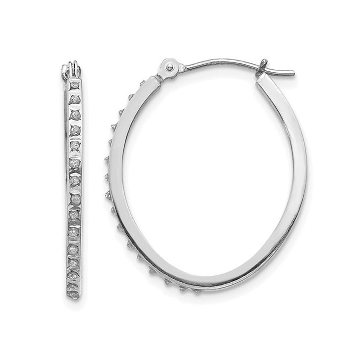 14K White Gold Accent Diamond Oval Hoop Earrings (1 Inch) Image 1