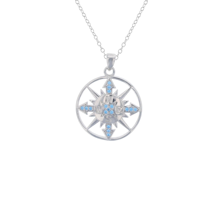 Sterling Silver Compass in Circle Aqua CZ Pendant Necklace Image 1