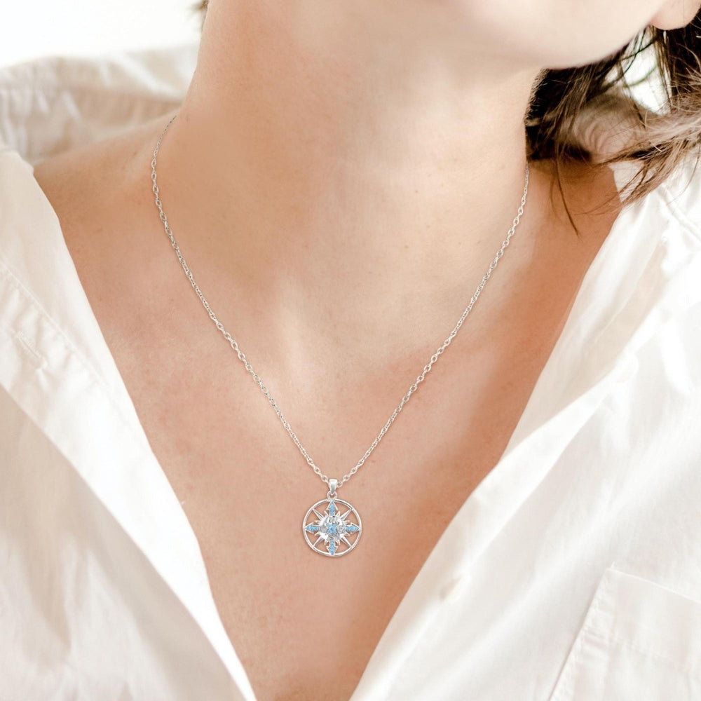 Sterling Silver Compass in Circle Aqua CZ Pendant Necklace Image 2