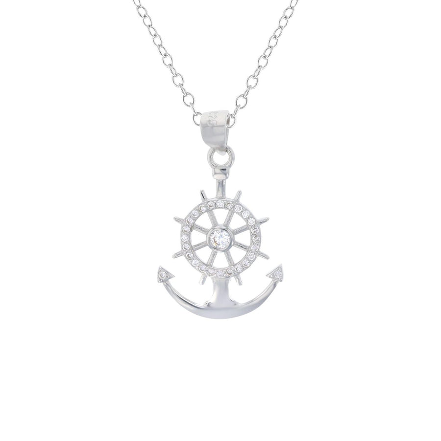 Sterling Silver Anchor and Ship Helm CZ Pendant Necklace Image 1