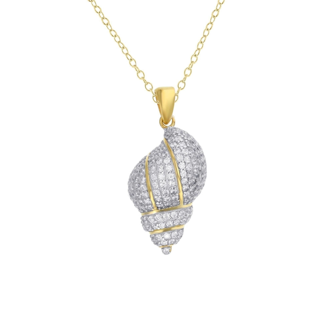 Sterling Silver Cone Seashell Pave CZ Pendant Necklace Image 1