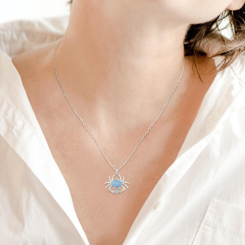 Sterling Silver Crab Aqua CZ Pendant Necklace Image 2