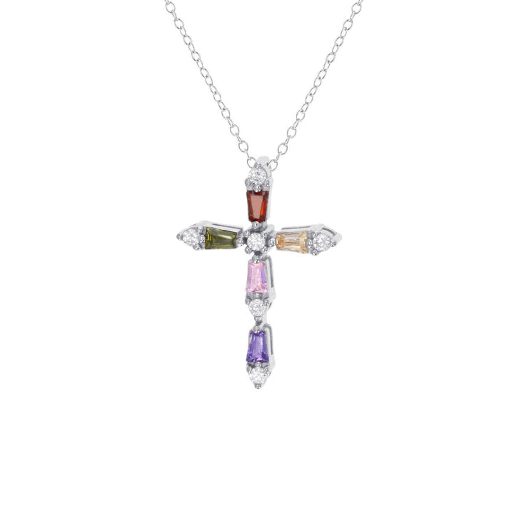 Sterling Silver Cross Baguette Multi Color CZ Pendant Necklace Image 1