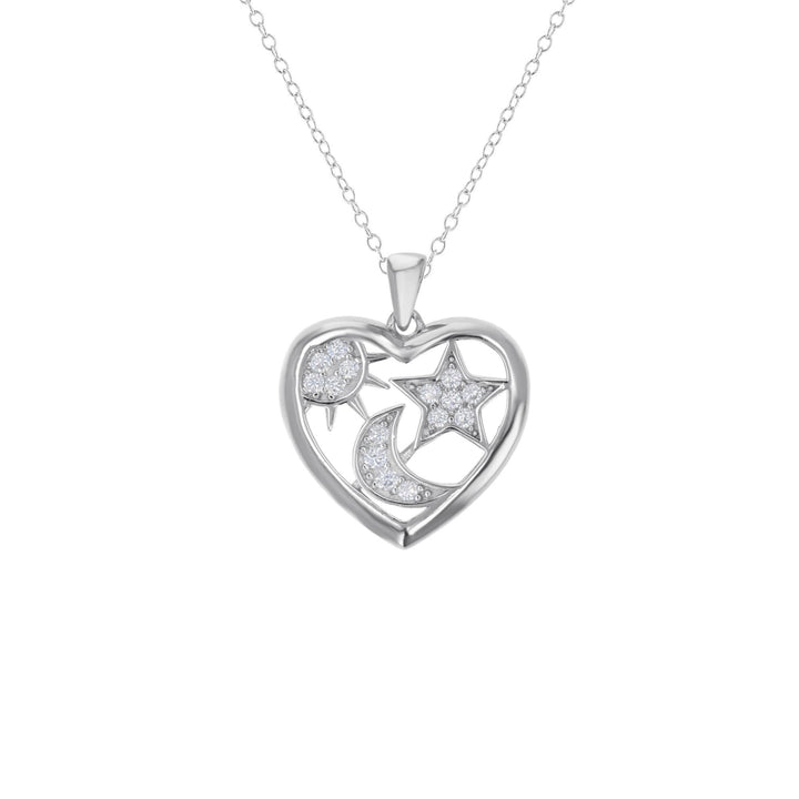 Sterling Silver CZ SunMoon,Star in Heart Pendant Necklace Image 1