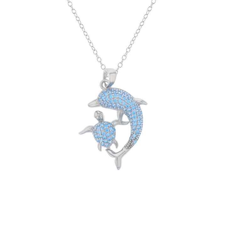 Sterling Silver Dolphin and Turtle Aqua CZ Pendant Necklace Image 1