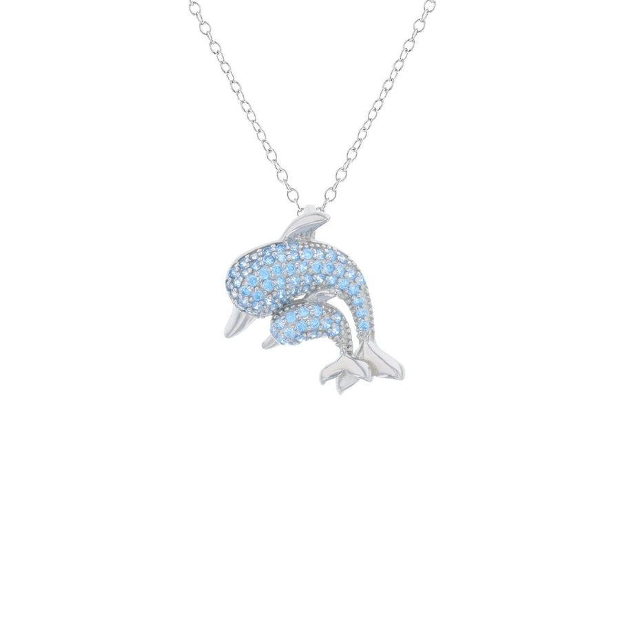 Sterling Silver Double Dolphin Aqua CZ Pendant Necklace Image 1