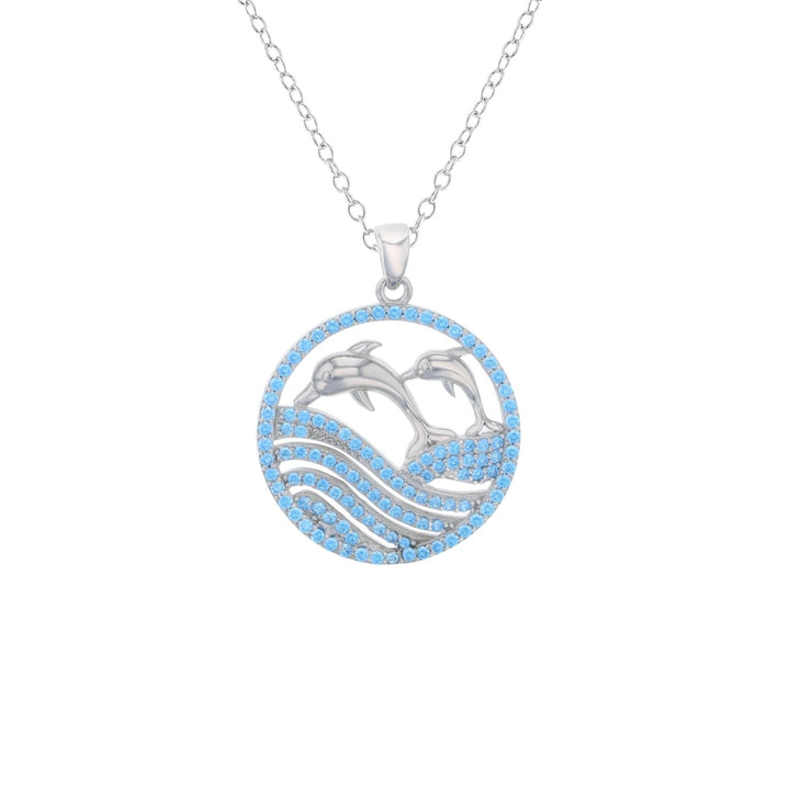 Sterling Silver Dolphins in Ocean in Circle Aqua CZ Pendant Necklace Image 1