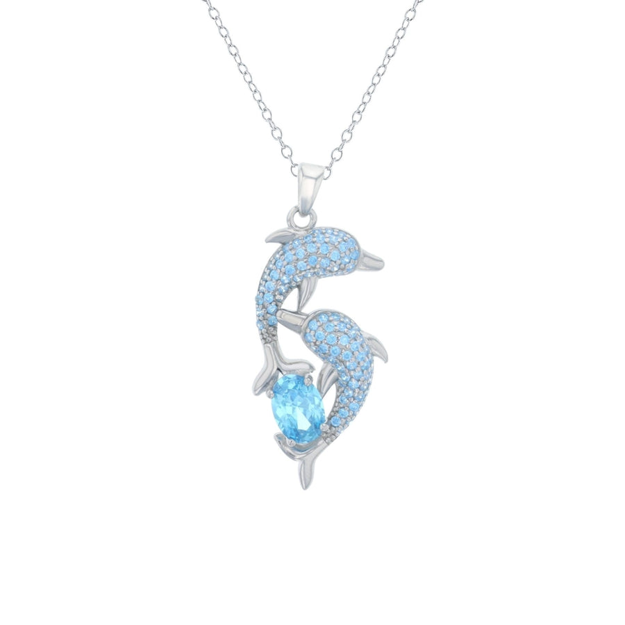 Sterling Silver Double Dolphins with Oval Aqua CZ Pendant Image 1