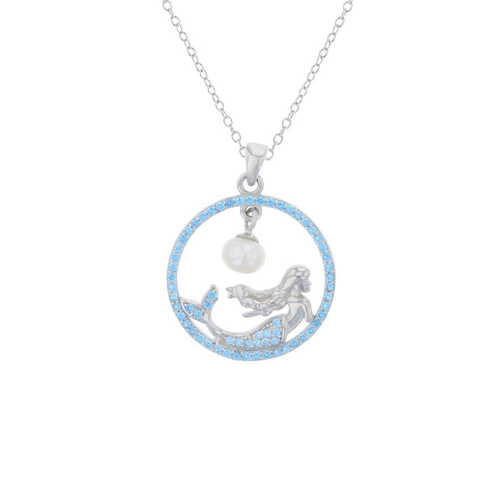 Sterling Silver Mermaid with Dangling Pearl in Circle Aqua CZ Pendant Necklace Image 1