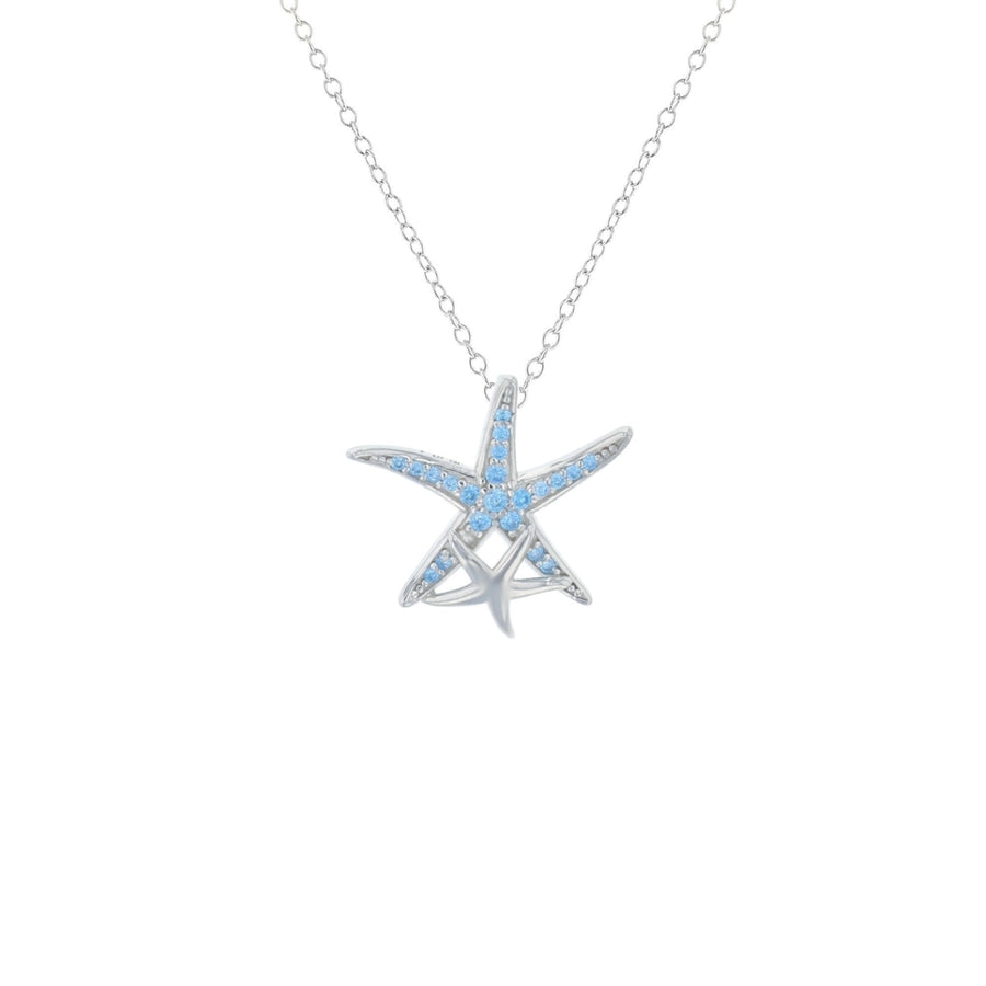 Sterling Silver Double Starfish Aqua CZ Pendant Necklace Image 1