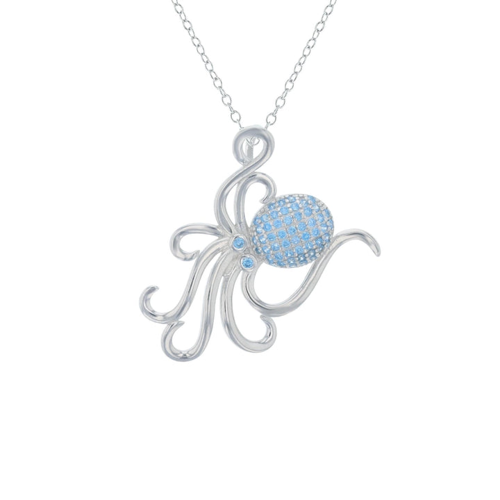 Sterling Silver Octopus Aqua CZ Pendant Necklace Image 1