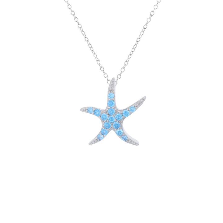 Sterling Silver Rhodium Plated Starfish Aqua CZ Pendant Image 1