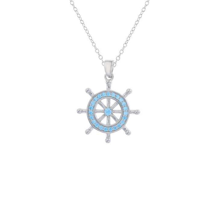 Sterling Silver Ship Helm Aqua CZ Pendant Necklace Image 1