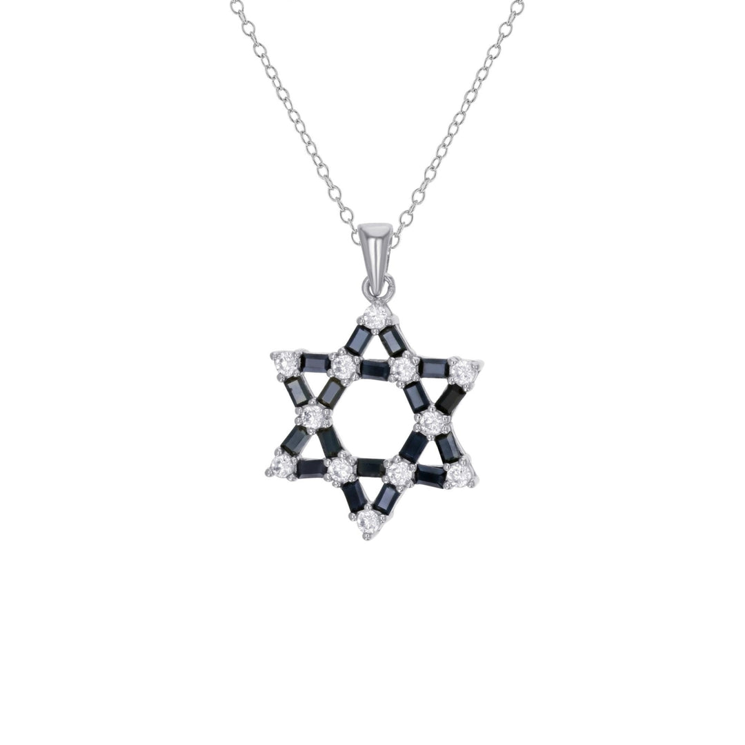 Sterling Silver Star of David Baguette Black and Clear CZ Pendant Image 1