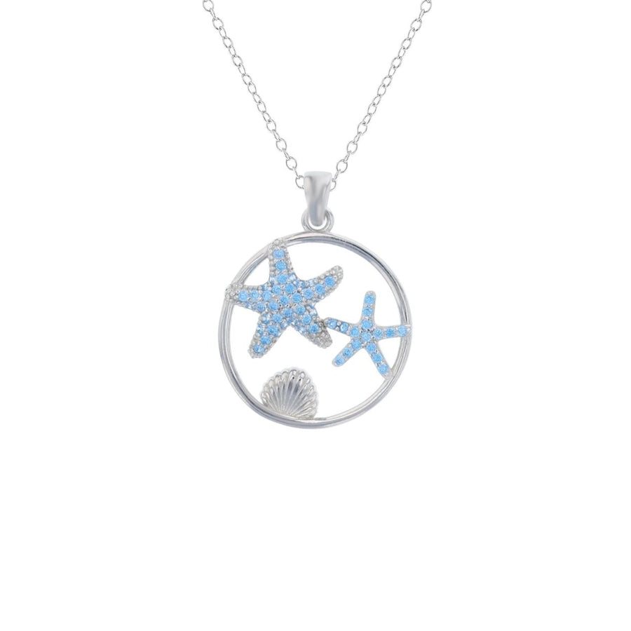 Sterling Silver Starfish and Seashell  Aqua CZ Pendant Necklace Image 1