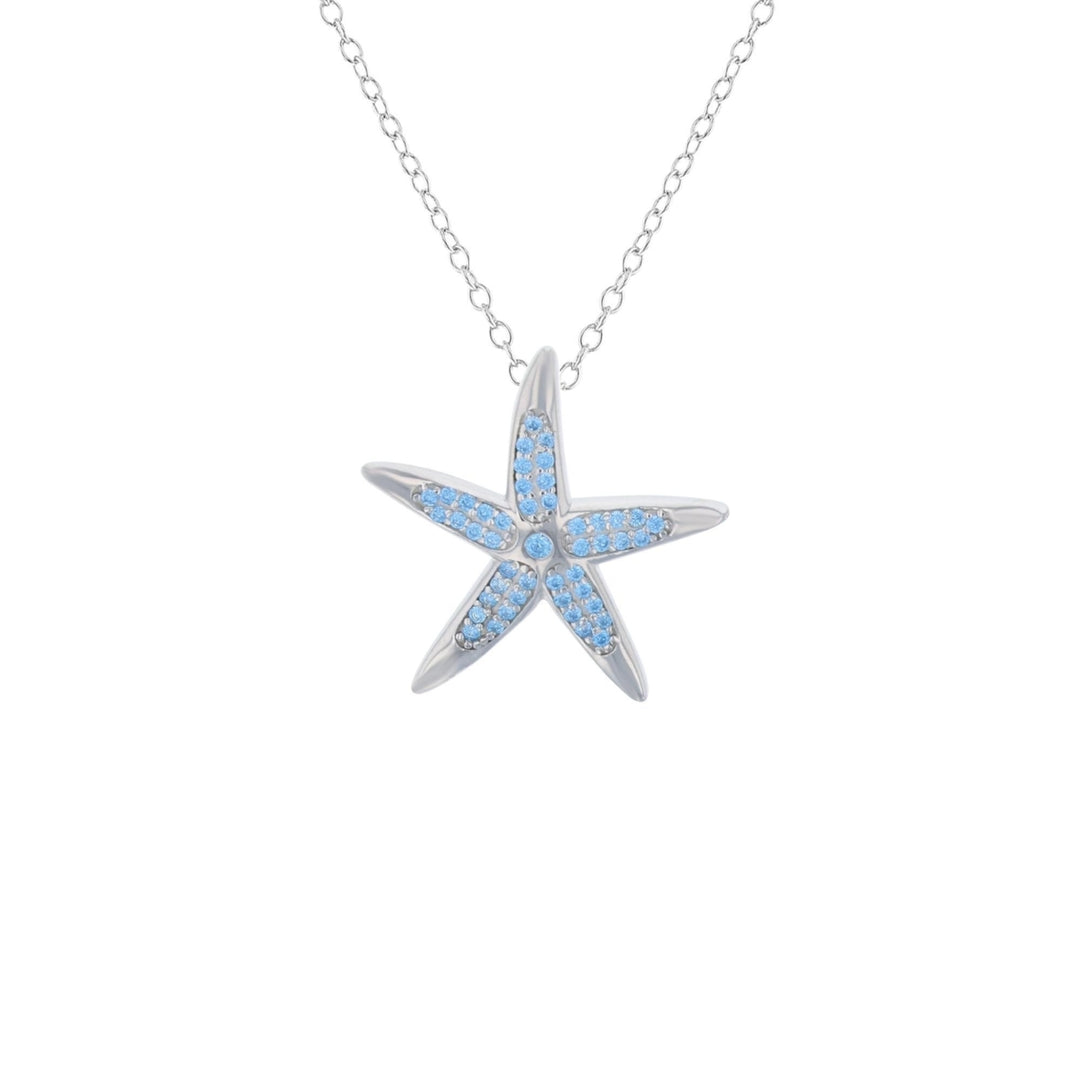 Sterling Silver Starfish Aqua CZ Pendant Necklace Image 1