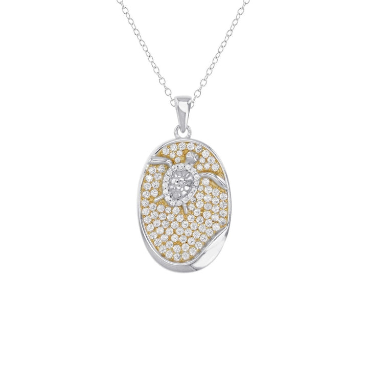 Sterling Silver Turtle in Oval Pave CZ Pendant Necklace Image 1