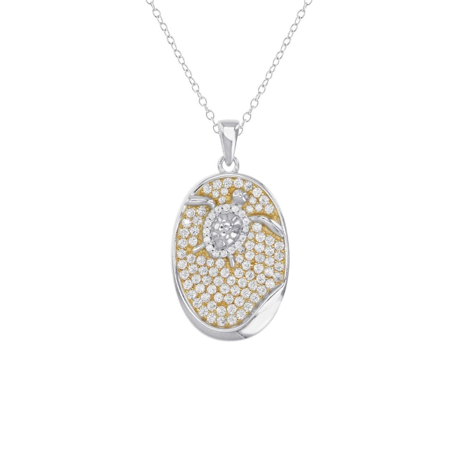 Sterling Silver Turtle in Oval Pave CZ Pendant Necklace Image 1