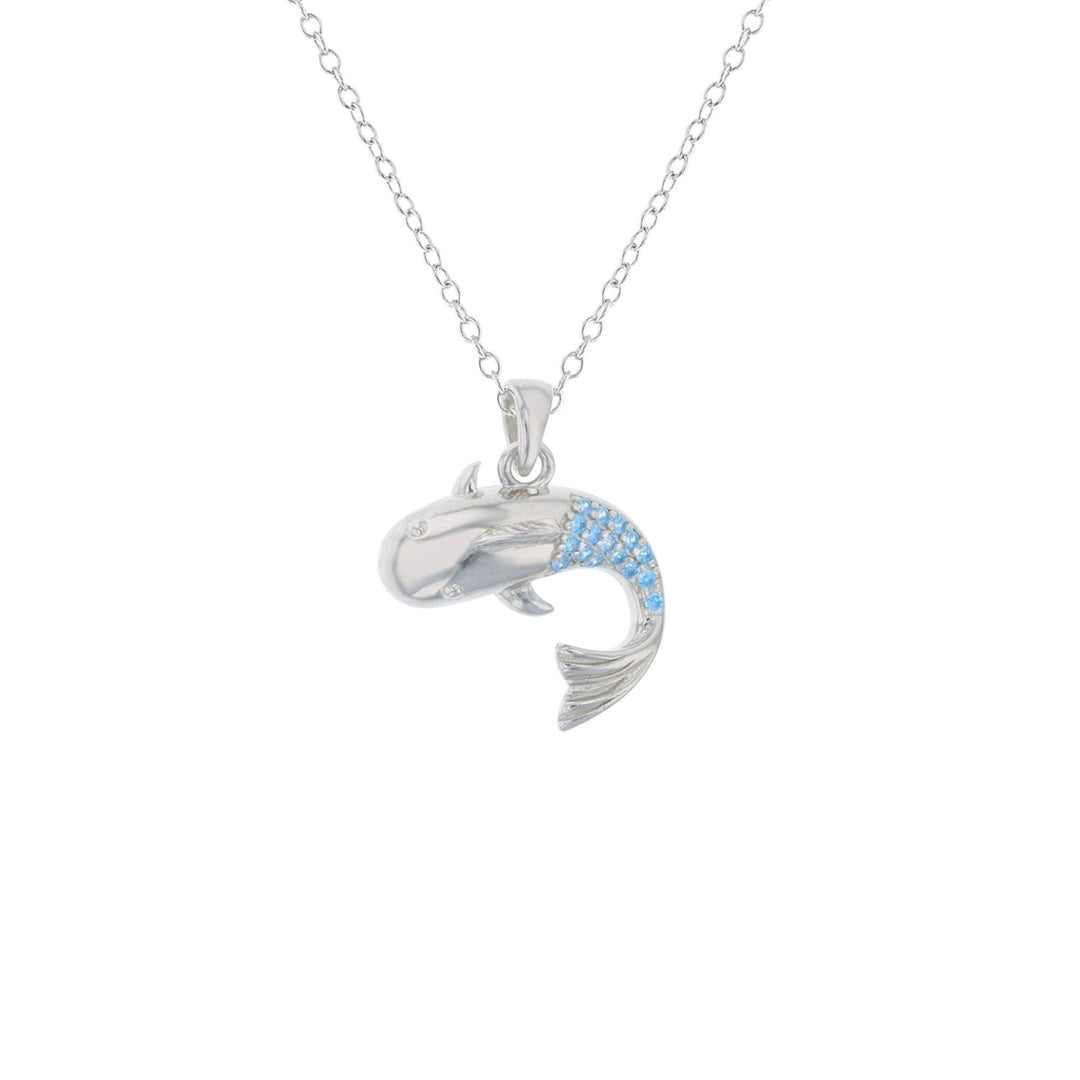 Sterling Silver Whale Aqua CZ Pendant Necklace Image 1