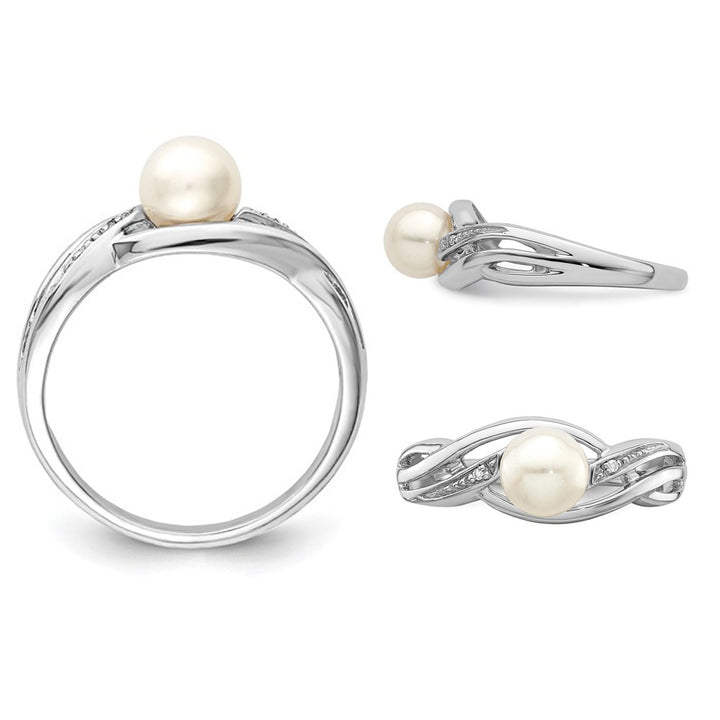 6mm Freshwater Cultured Pearl Ring in Sterling Silver with Accent Diamonds Image 3