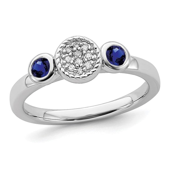 Created Blue Sapphire Ring with Diamonds 1/3 Carat (ctw) in Sterling Silver Image 1