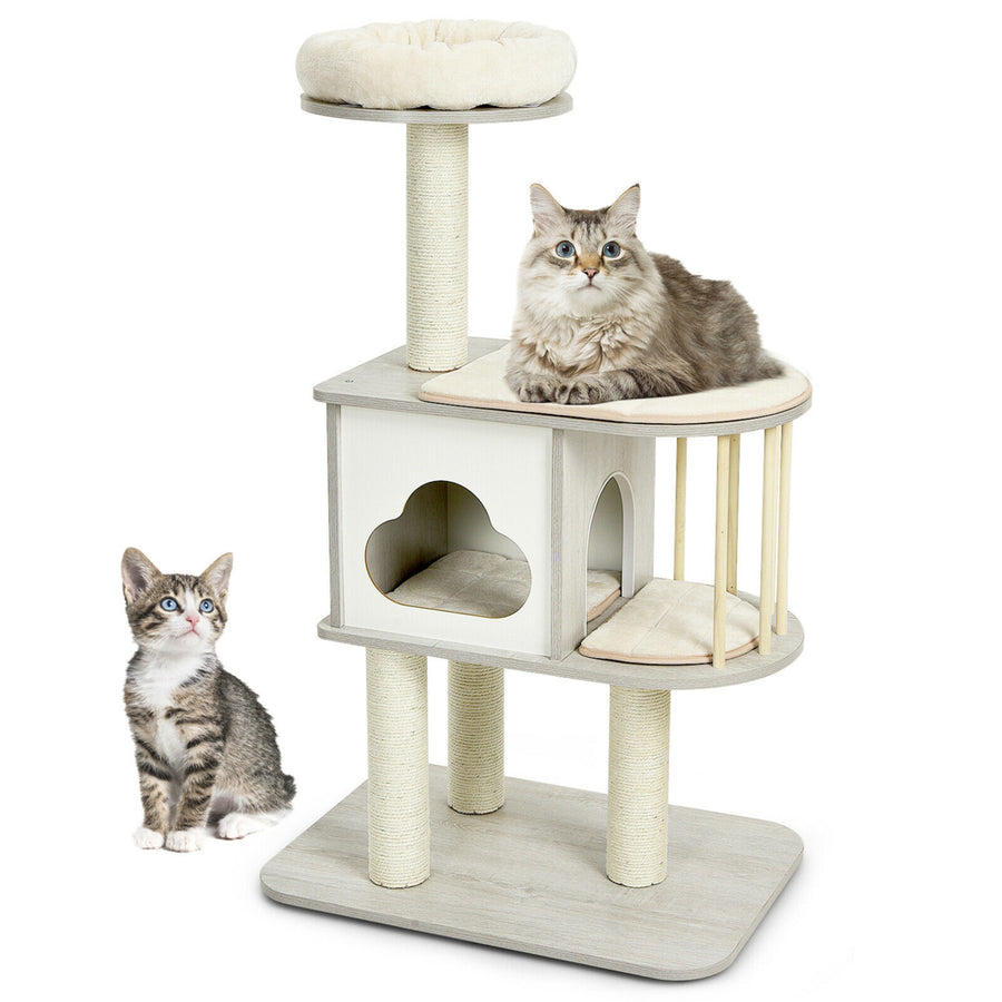 46 Modern Wooden Cat Tree with Platform and Washable Cushions for Cats and Kittens Image 1