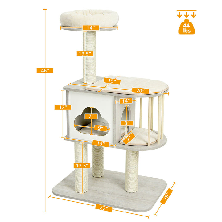 46 Modern Wooden Cat Tree with Platform and Washable Cushions for Cats and Kittens Image 2