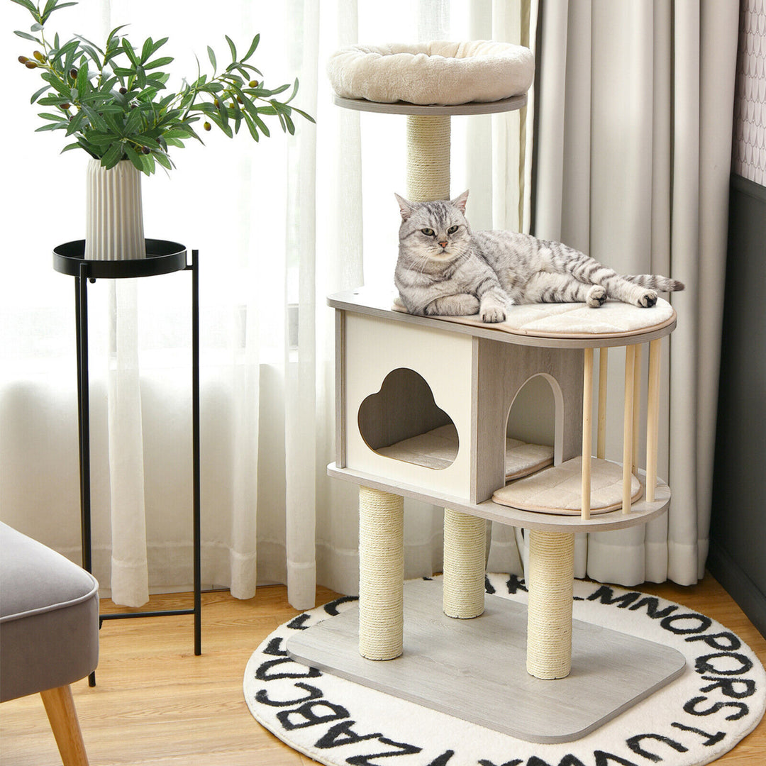 46 Modern Wooden Cat Tree with Platform and Washable Cushions for Cats and Kittens Image 3
