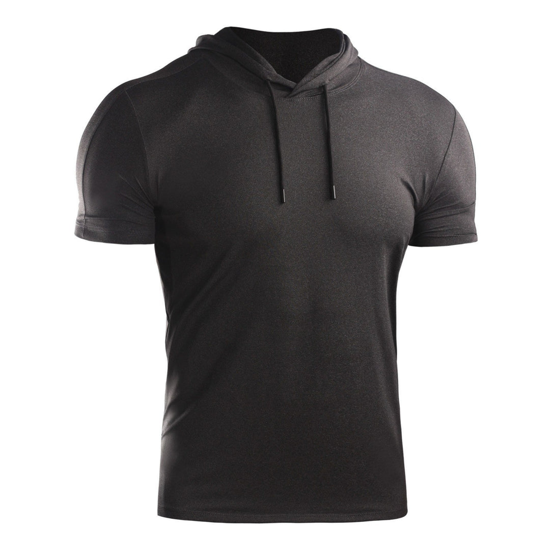 2PCS Men Summer Sports T-Shirt Solid Color Hooded Short Sleeve Quick-Dry Running Gym Sportswear Image 3