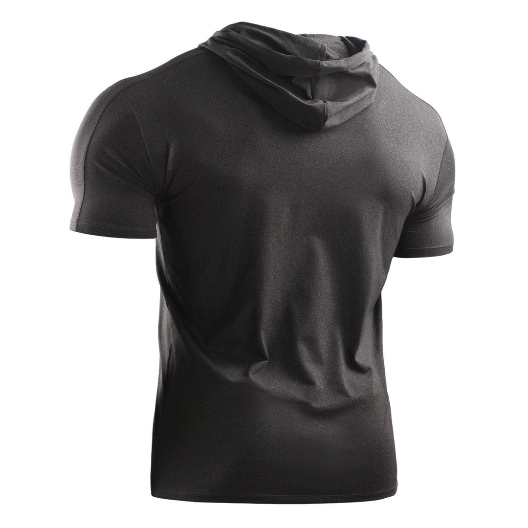 2PCS Men Summer Sports T-Shirt Solid Color Hooded Short Sleeve Quick-Dry Running Gym Sportswear Image 4