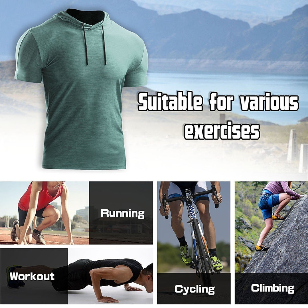 2PCS Men Summer Sports T-Shirt Solid Color Hooded Short Sleeve Quick-Dry Running Gym Sportswear Image 6